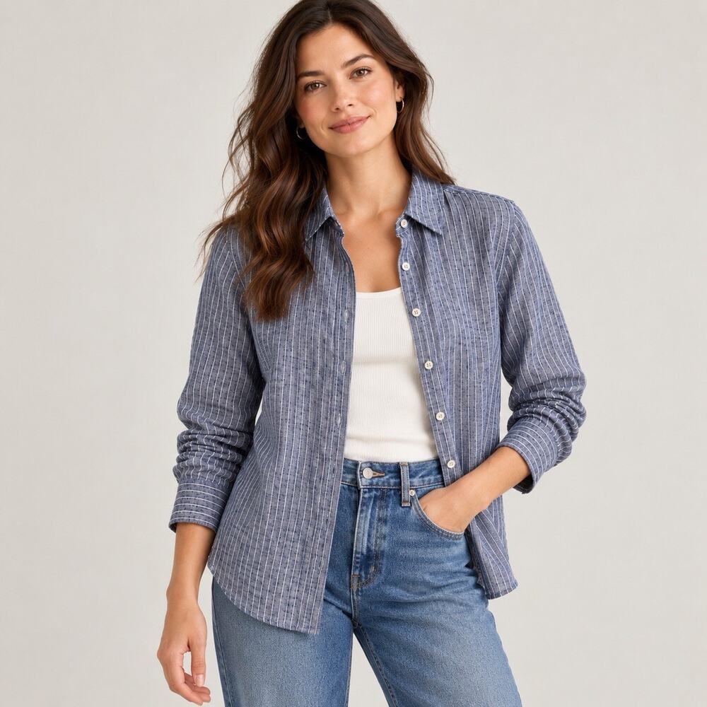 NWT Quince Women’s L European Linen Long Sleeve Shirt Chambray Stripe